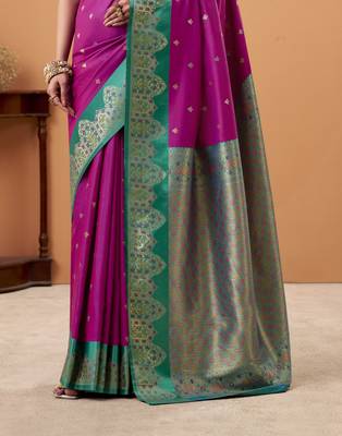 purple satin silk blend woven saree with unstitched blouse piece 3