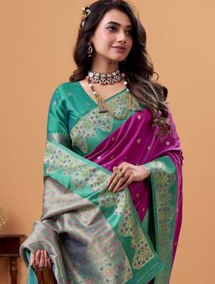 purple satin silk blend woven saree with unstitched blouse piece 4