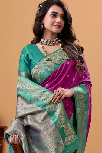 purple satin silk blend woven saree with unstitched blouse piece