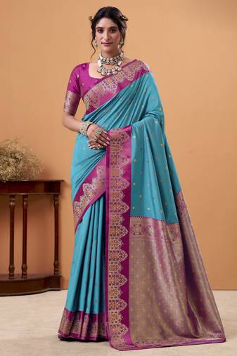 blue satin silk blend woven saree with unstitched blouse piece