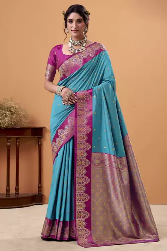 blue satin silk blend woven saree with unstitched blouse piece