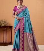 blue satin silk blend woven saree with unstitched blouse piece