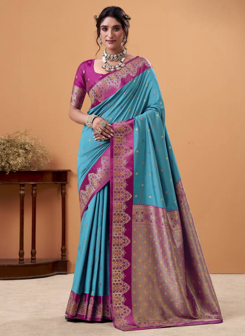blue satin silk blend woven saree with unstitched blouse piece