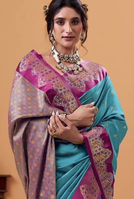 blue satin silk blend woven saree with unstitched blouse piece 2