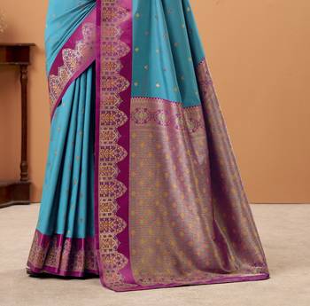 blue satin silk blend woven saree with unstitched blouse piece 3