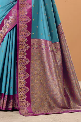 blue satin silk blend woven saree with unstitched blouse piece