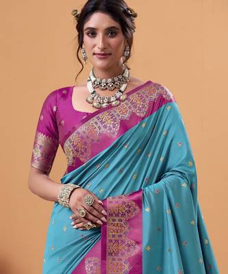 blue satin silk blend woven saree with unstitched blouse piece 4