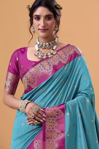 blue satin silk blend woven saree with unstitched blouse piece