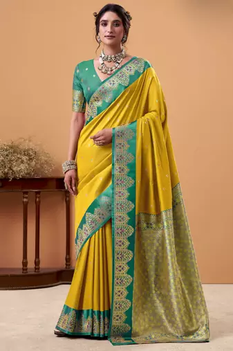 yellow satin silk blend woven saree with unstitched blouse piece