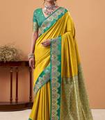 yellow satin silk blend woven saree with unstitched blouse piece