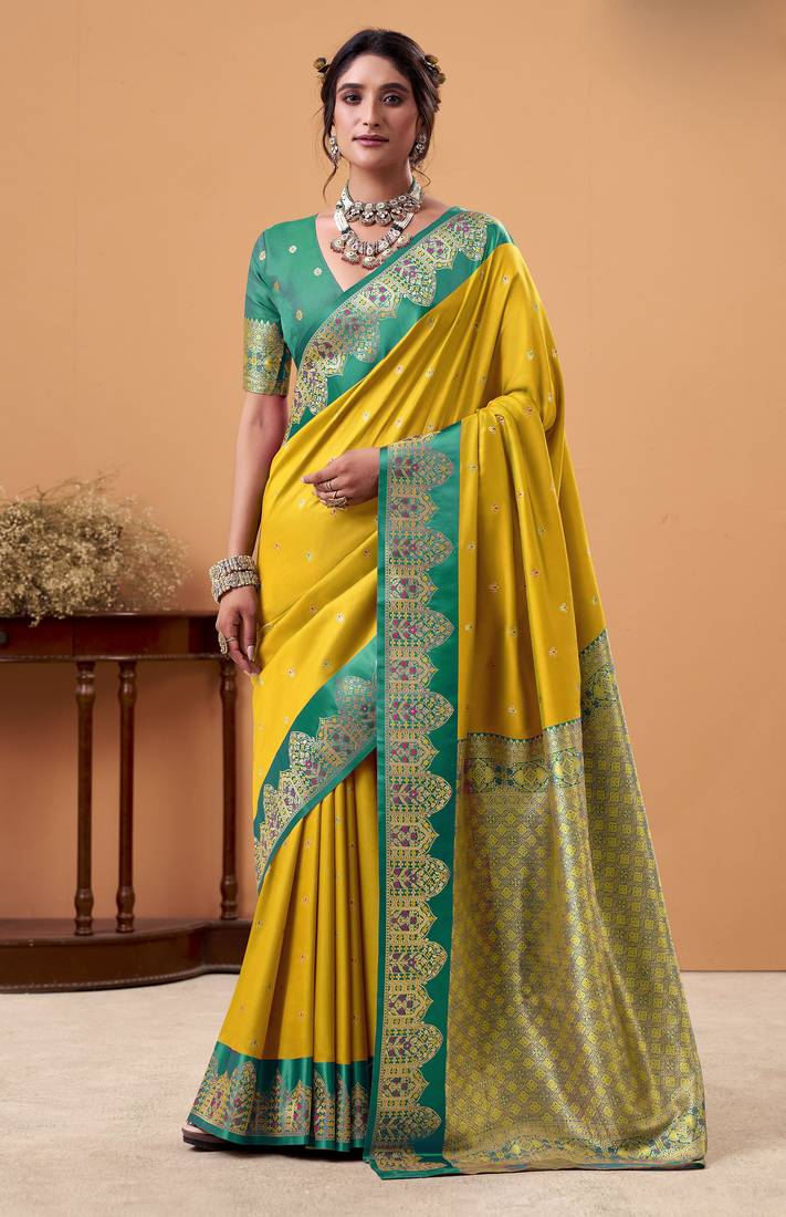 yellow satin silk blend woven saree with unstitched blouse piece