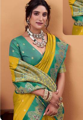 yellow satin silk blend woven saree with unstitched blouse piece 2