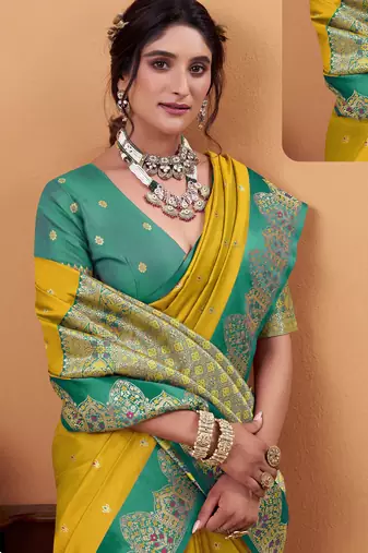 yellow satin silk blend woven saree with unstitched blouse piece
