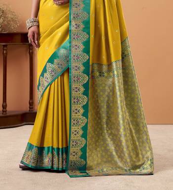 yellow satin silk blend woven saree with unstitched blouse piece 3