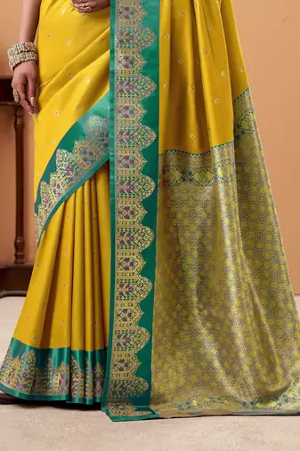 yellow satin silk blend woven saree with unstitched blouse piece
