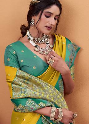 yellow satin silk blend woven saree with unstitched blouse piece 4