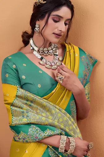 yellow satin silk blend woven saree with unstitched blouse piece