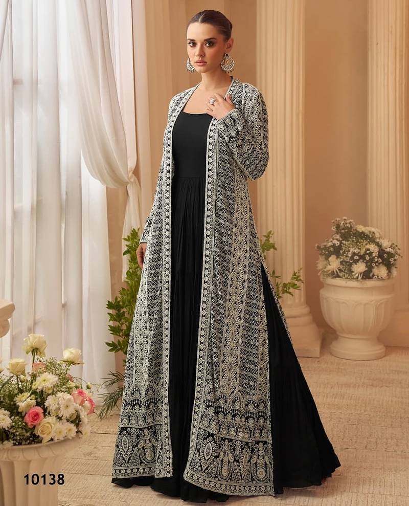 Black chinon free size stitched anarkali suit with embroidery & sequence work