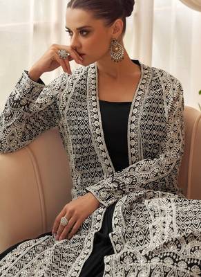 Black chinon free size stitched anarkali suit with embroidered sequin  2