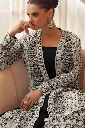 Black chinon free size stitched anarkali suit with embroidered sequin 