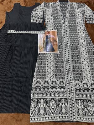 Black chinon free size stitched anarkali suit with embroidered sequin  3
