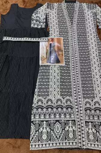 Black chinon free size stitched anarkali suit with embroidered sequin 
