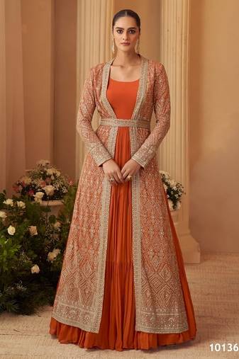 Orange chinon free size stitched anarkali suit with embroidery & sequence work