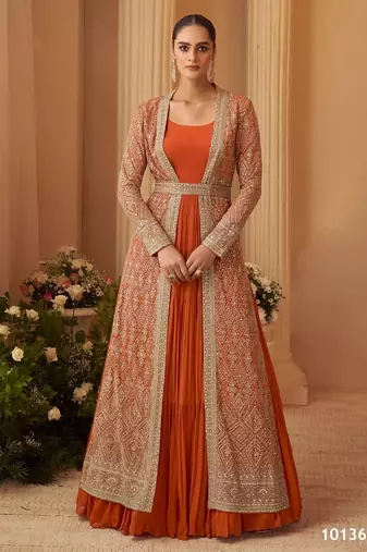 Orange chinon free size stitched anarkali suit with embroidery & sequence work