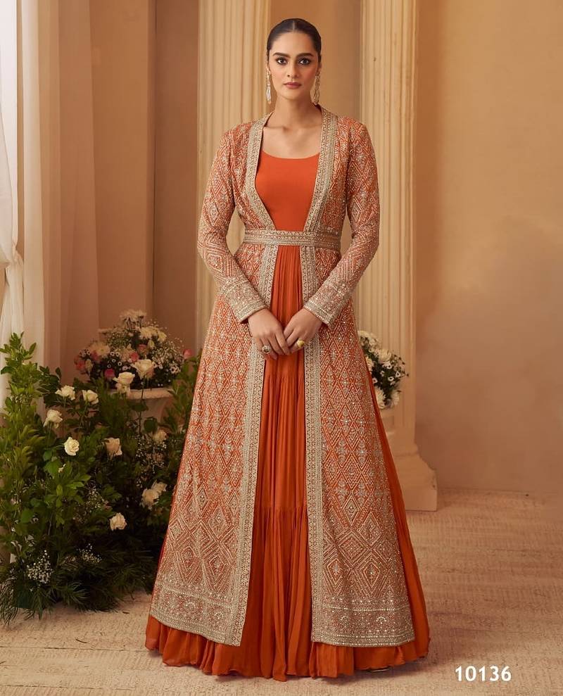 Orange chinon free size stitched anarkali suit with embroidery & sequence work