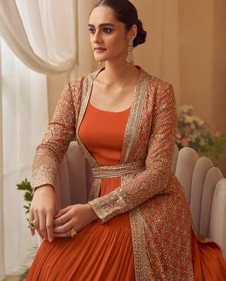 Orange chinon free size stitched anarkali suit with embroidered sequin  2