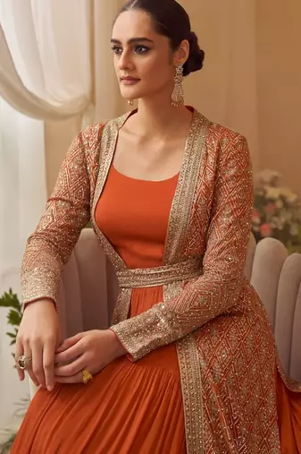 Orange chinon free size stitched anarkali suit with embroidered sequin 