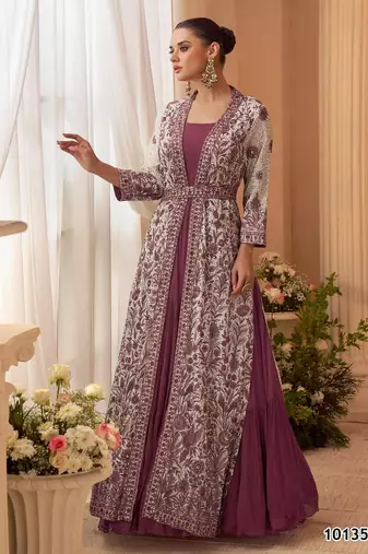 Purple chinon free size stitched anarkali suit with embroidery & sequence work