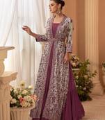Purple chinon free size stitched anarkali suit with embroidery & sequence work