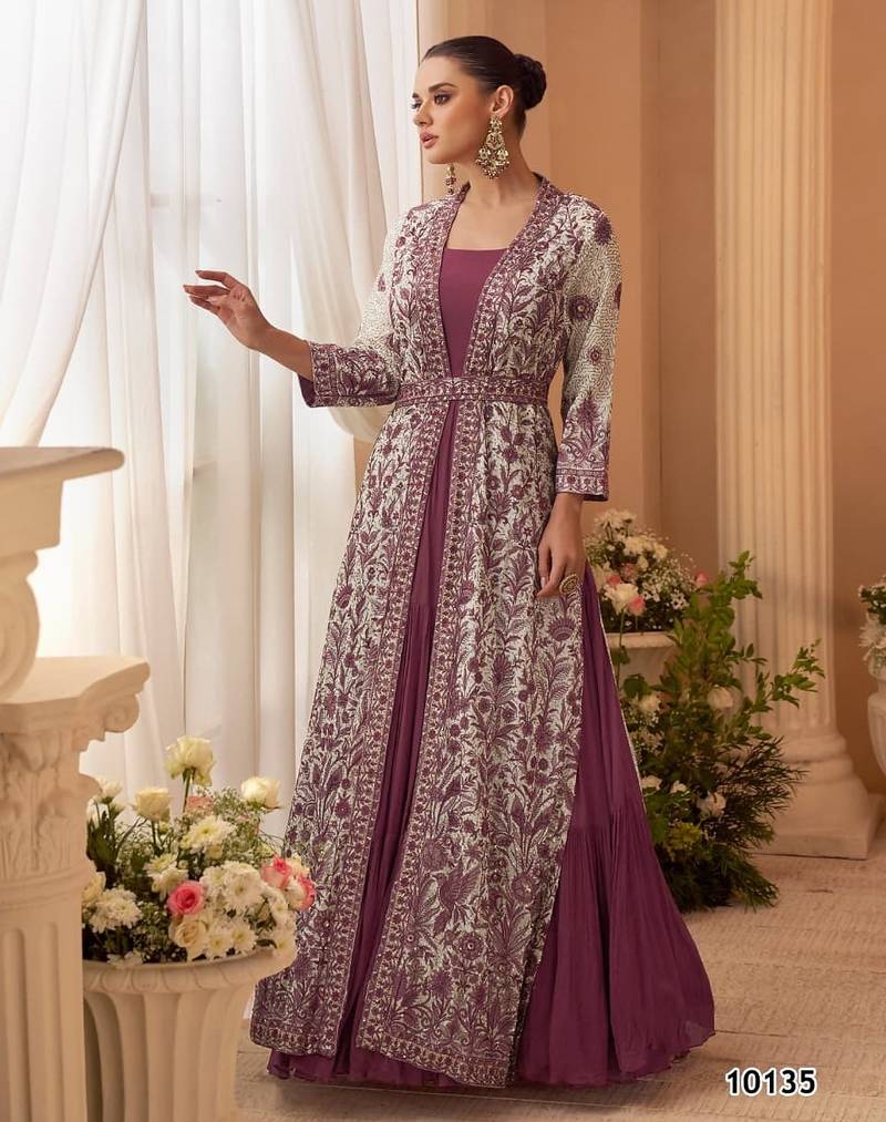 Purple chinon free size stitched anarkali suit with embroidery & sequence work