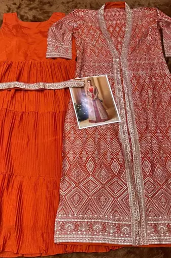Orange chinon free size stitched anarkali suit with embroidered sequin 