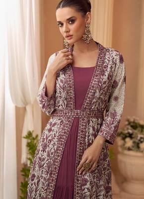 Purple chinon free size stitched anarkali suit with embroidered sequin  2