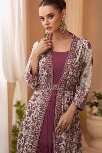Purple chinon free size stitched anarkali suit with embroidered sequin 