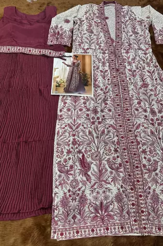 Purple chinon free size stitched anarkali suit with embroidered sequin 