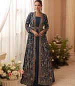 Navy chinon free size stitched anarkali suit with embroidery & sequence work