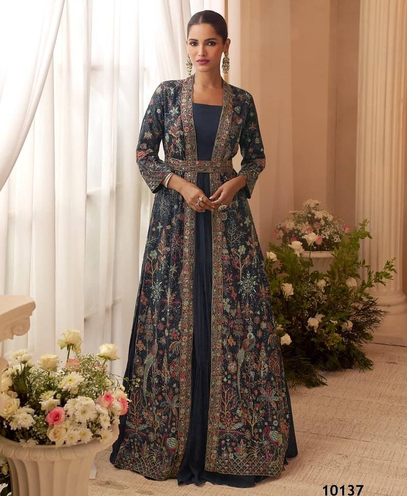 Navy chinon free size stitched anarkali suit with embroidery & sequence work