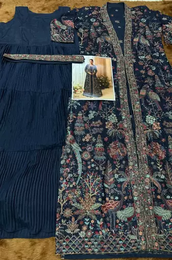 Navy chinon free size stitched anarkali suit with embroidered sequin 