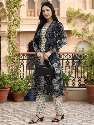  cream printed pure cotton straight black including jacket-style co-ord set 1