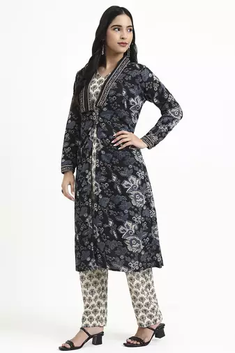  cream printed pure cotton straight black including jacket-style co-ord set