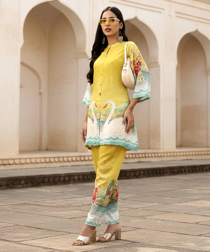  yellow digtal print straight muslin co-ord set