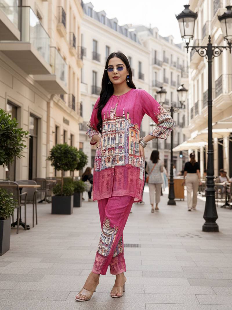  pink digtal print straight muslin co-ord set