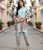  turquoise blue digtal print straight muslin co-ord set