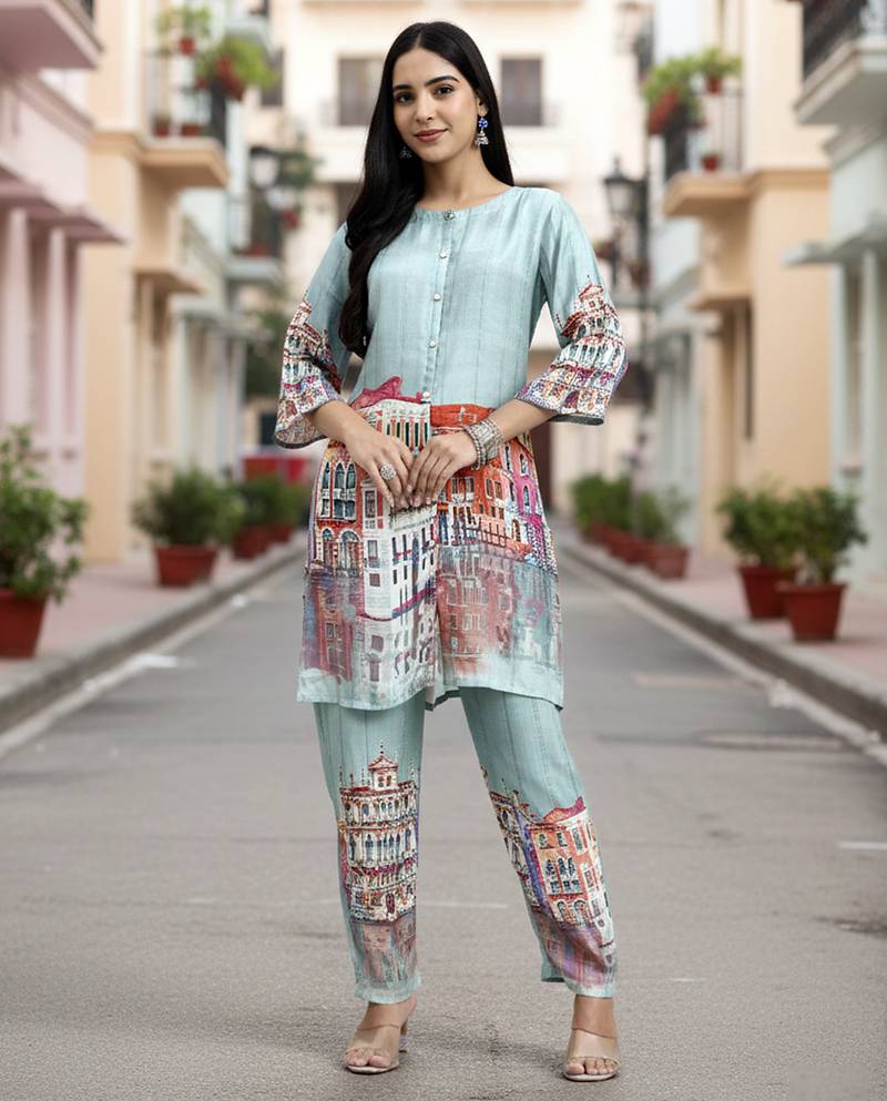  turquoise blue digtal print straight muslin co-ord set