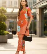  orange digtal print a-line muslin co-ord set