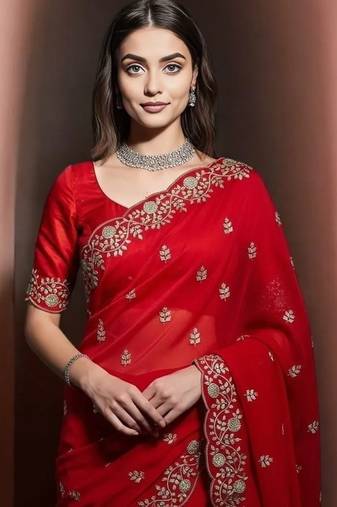 Red Color Plain Saree With Sequins Embroidery And Jaipuri Dori Work  Satin Silk Blend Saree