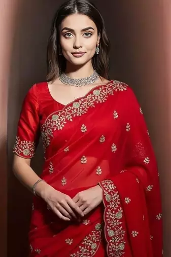 Red Color Plain Saree With Sequins Embroidery And Jaipuri Dori Work  Satin Silk Blend Saree